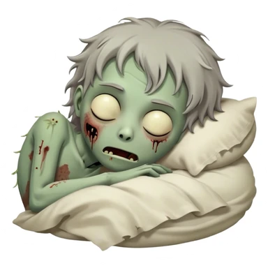 Meme-Worthy Cute Sleeping Zombie Portrait Emoji, with a delightfully quirky, slightly disheveled decaying face in soft ashen hues, head tilted back in peaceful, relaxed sleep with softly closed eyes and a tiny, endearing smile, simplified yet irresistibly charming, highly detailed with a soft eerie glowing outline that captures the gentle, unexpected cuteness of a zombie in serene repose! sticker