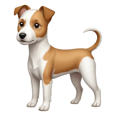 a full body white parson russell looking dog the size of a kelpie with light brown ears and a light brown patch on one eye and a large snout sticker