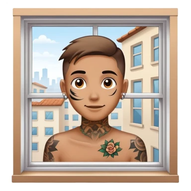 person with face tattoo looking out of window and opens shatters happy sticker