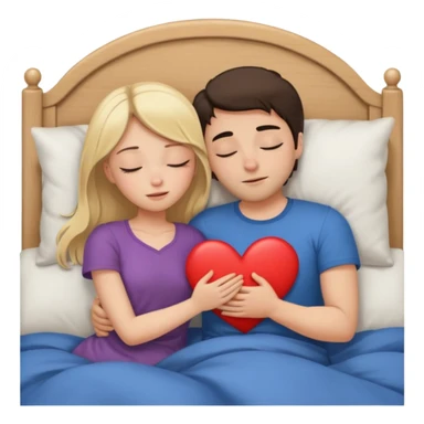 cuddling in bed, asleep. blonde girl. brunette man. eyes closed. heart between them. no headboard sticker