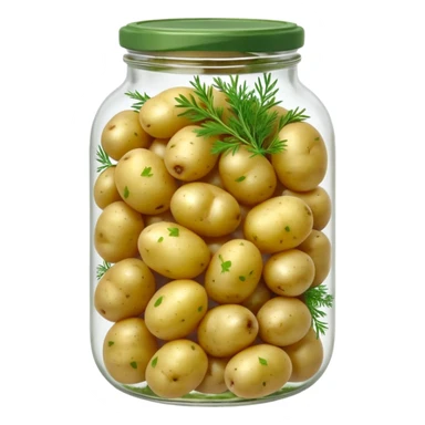 A round jar of small pickled potatoes with sprigs of dill floating inside.









 sticker