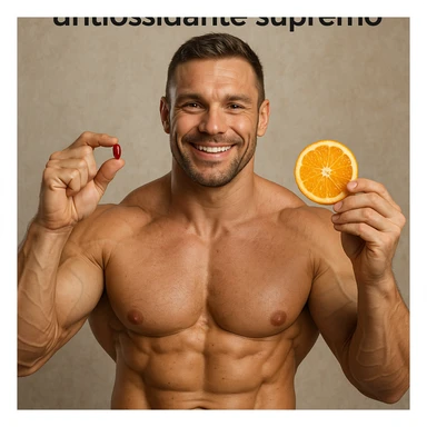 hyper realistic bodybuilder holding astaxanthin and an orange slice, defined muscles, text 'Astaxantina: antiossidante supremo', positive atmosphere, realistic details sticker
