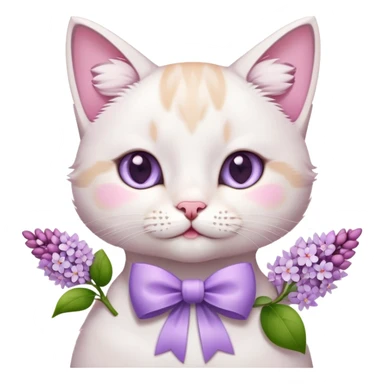 cute white and pink toned cat holding lilac flowers with a bow on its neck, emoji style sticker