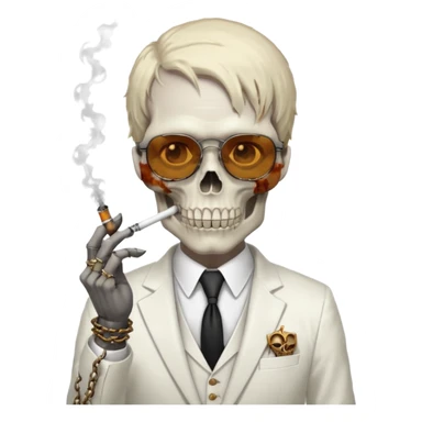 cinematic realistic - steampunk Megadeth - a gentleman in a white suit that smokes, has a skull instead of a head, wears rusty metal glasses with chains sticker