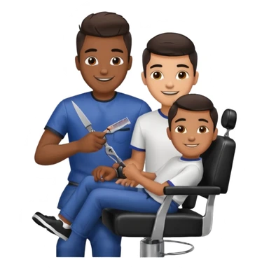 Barber cutting teenage boys hair. Show the boy sat in black barber chair and both having smiles on their faces. Both have dark hair sticker