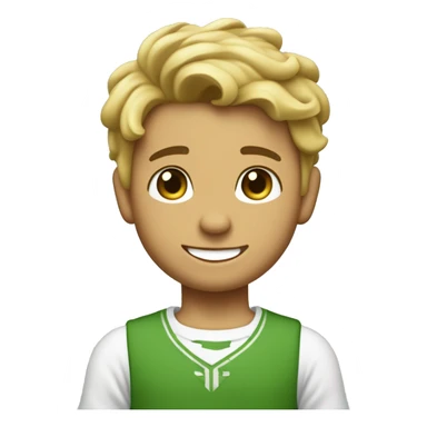 Un niño con el pelo rizado y moreno, con los ojos verdes y una sonrisa que le falta un diente tiene varias pecas por la cara y va vestido con un peto vaquero y una camiseta por dentro del peto, de color blanca. sticker