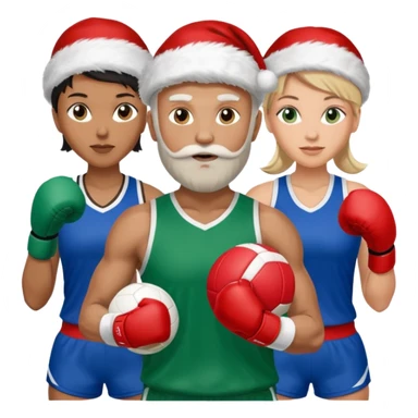 3 atletas, um homem no meio e duas mulheres com cores de pele diferentes, usando elementos esportivos, bola de futebol, luvas de luta e bola de vôlei. Coloque um chapéu de papai noel das cores verde e com roupas azul e branco sticker