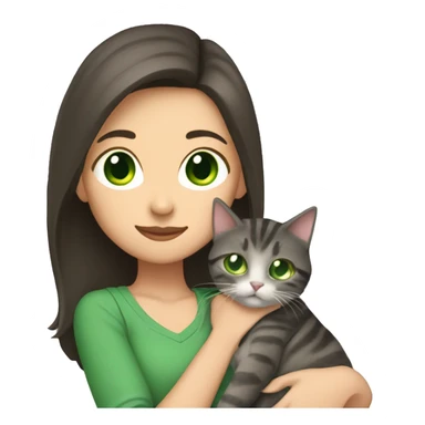 A woman with long dark brown hair and green eyes holds a gray tabby cat with green eyes in her arms sticker