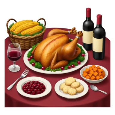 Thanksgiving Dinner with friends of all different races; have the food be a cooked turkey, mashed potatoes, corn, a basket of biscuits, a small bowl of cranberry sauce, baked yams, steamed vegetables, and a bottle of wine. sticker