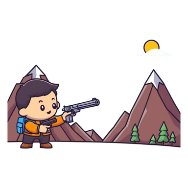 Cute tiny character with a toy gun shooting at a mountain with little figures sticker