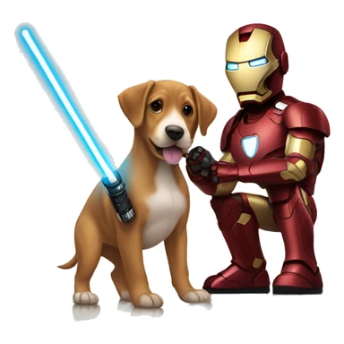 Ironman holding a puppy and a light saber sticker