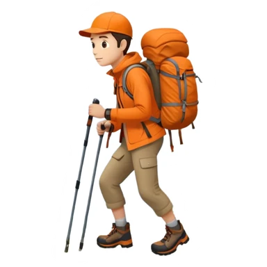 Hiker in orange jacket with backpack climbing mountain trail, minimalist design sticker