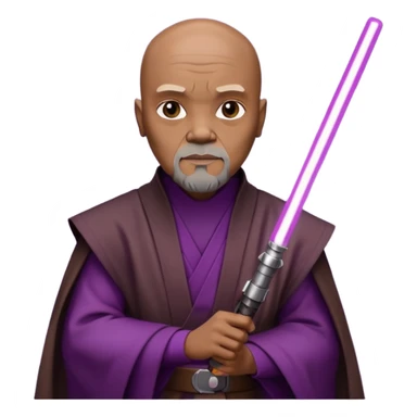 star wars master windu bald head, no facial hair, brown jedi outfit with purple lightsaber sticker
