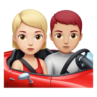 Blonde boy with a buzz cut and a girl with dark red hair in a sports car sticker