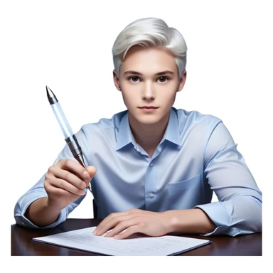 A man sitting on desk. A glowing hand emerges from within a piece of paper, symbolizing the future self. The hand extends forward, offering a pen, as if passing over the ability to take action. The pen is illuminated, representing the moment of decision—the choice to stop procrastinating and start. sticker