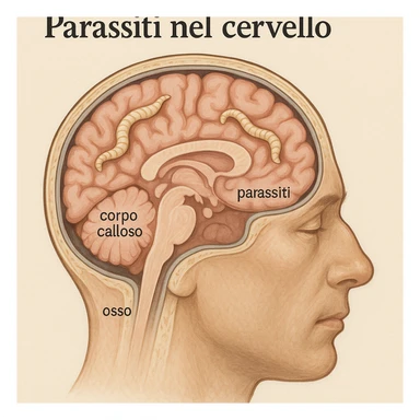 realistic medical illustration showing parasites in the human brain with stylized cross-section, educational and respectful, Italian labels, no explicit details sticker
