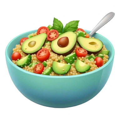 Bowl of quinoa salad with avocado, tomato, and cucumber, pastel backdrop sticker