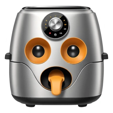 An air fryer with the knobs and handles made to look it's eyes, nose and mouth, hysterically crying with laughter sticker
