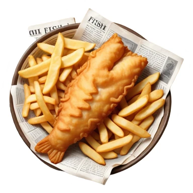 Fish and Chips Cinematic Realistic Fish and Chips Dish Emoji, depicted as a crispy battered fish fillet and golden chips served in traditional newspaper wrapping, rendered with lifelike textures and warm natural lighting that captures its iconic British street food charm  . sticker