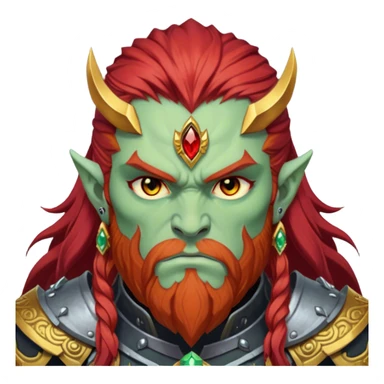 Ganondorf, pale green skin, golden irises, black pupils, long layered red hair, short thick red beard matching hair, no mustache, thick red eyebrows color matching to hair, scowling, angry, stoic, dark armor, demon armor, large ornate forehead jewelry, topaz jewel on forehead sticker