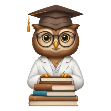 Wise owl with glasses, wearing a lab coat, perched on a stack of books. sticker