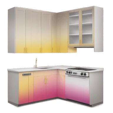 Realistic front facing pink And yellow ombre hanging kitchen cabinets and gold hardware.  sticker