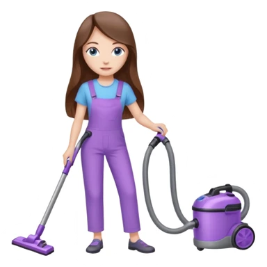 beautiful girl with long brown hair, blue eyes and wearing light purple clothes, cleaning and vacuuming sticker