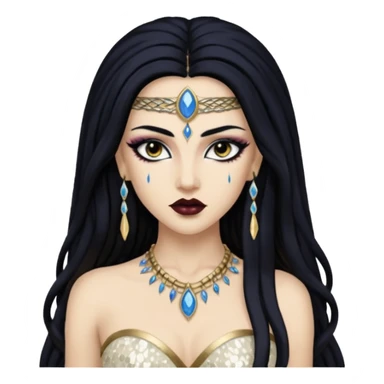 Akasha from Queen of the Damned with long black hair, ivory sequin outfit sticker