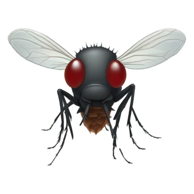 A midge (very tiny fly from scotland) looking like a vampire (with two protruding teeth), view from face/profile, looking like embarassed sticker