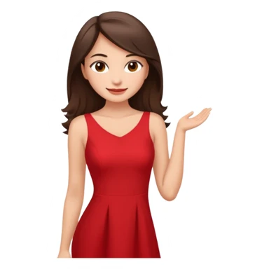 Cartoon emoji of a young brunette woman with fair-medium skin, brown eyes, wearing a red outfit. Full-height, standing confidently in a red dress  posing sexy with a smile and relaxed posture. Smooth, friendly, stylized, make up on, flirty eyes and smile in a sexy position touching hair sticker
