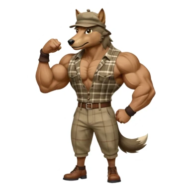 extremely super-duper hyper muscular wolf furry extremely exaggerated muscles with chiseled face, horse-length bullneck and an elongated snout, wearing a plaid dress shirt halfway buttoned, khaki dress slacks and very large newsboy cap on his head while flexing his bicep muscles sticker