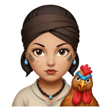 Dark haired heavyset woman, hairnet bandana tied around her forehead, brown teardrop tattoo under right eye, brown chicken drumstick tattoo on her left cheek sticker