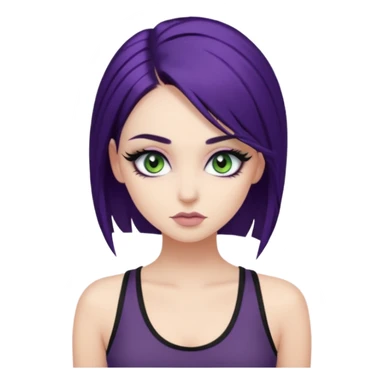alternative girl with dark purple hair and big eyelashes, beautiful makeup and greenish grey eyes, straight eyebrows & wearing a low cut black tank top sticker