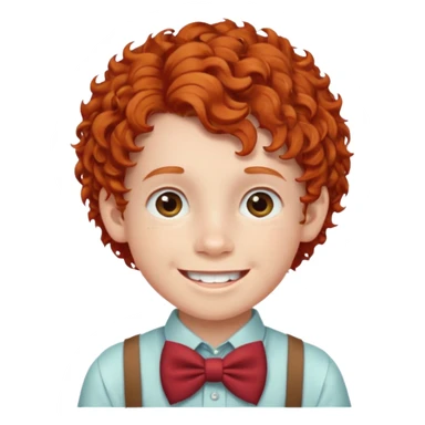 redhead kid with unique face features and very curly hair kid boy happy and braces on teeth, wearing a bow on head sticker