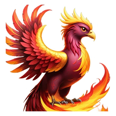 Cinematic Noble Battle-Hardened Mystical Fire Phoenix Portrait Emoji, with scorched, battle-scarred plumage in deep crimson, burnt gold, and smoldering ember hues. Its piercing eyes, hardened by countless conflicts, blaze with unyielding resolve and ancient wisdom. The elongated tail feathers bear vivid marks of fiery combat, rendered with lifelike texture and dynamic highlights, high shine, exuding an aura of mythic martial valor, focused and commanding, with a soft glowing outline that captures a phoenix forged in the fires of war. sticker