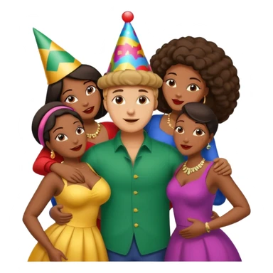 one american italian brunette young man surrounded by three african women with large butts hugging him and each other and grabbing his crotch (emphasis sticker