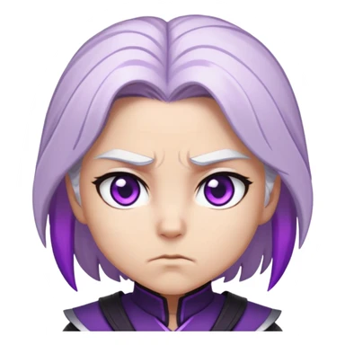 Chibi Sable Ward with intense focus expression, slightly furrowed brows, concentrated stare, white hair with purple streaks, fully purple eyes, determined look sticker