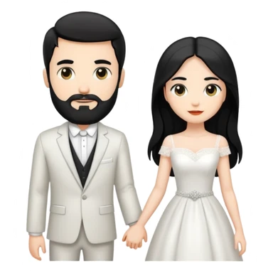 couple of newlyweds holding hands, white skin man with black hair and beard; white skin woman with long black hair and black eyes sticker