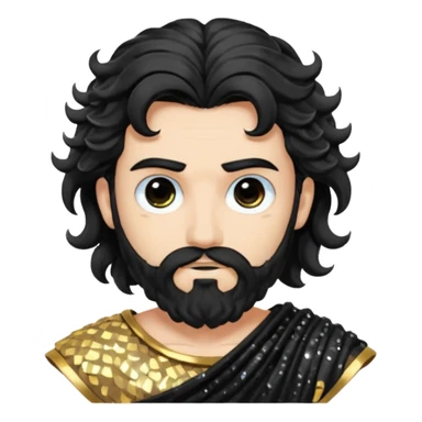 Hades from Greek Gods with long black wavy hair and short beard, black sequin toga sticker