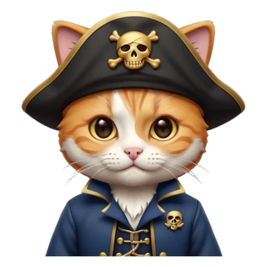 Premium 3D emoji icon of a cute ginger cat pirate, wearing a **deep navy blue** velvet pirate hat with a silver skull icon, and a black and gold captain's jacket. Glossy finish, claymorphism style, soft studio lighting, isolated on white background, 8k resolution, stylized professional look --v 6.0 sticker