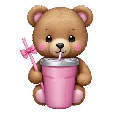Small, cute brown teddy bear holding a pink colored Stanley tumbler with a small bow straw topper sticker