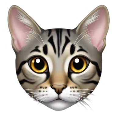 Cat Breed Tabby (Mainly black and gray) Ears Slightly pointed and sharp in shape Eyes Large and intense, with a strong gaze Whiskers Very long Chin Sharp with distinct lines Mouth Area White sticker