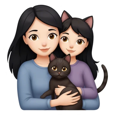 happy girl with black hair hugging three cats  (dark brown cat, full gray cat, brown calico cat) sticker