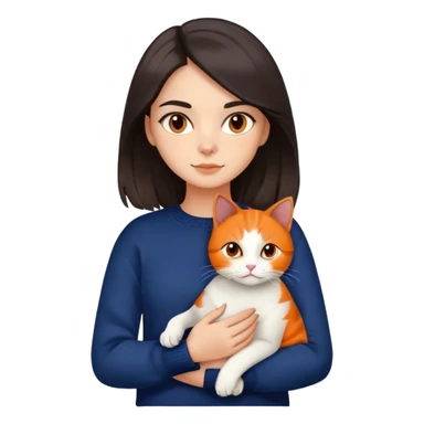 a girl who has dark medium brunette silky hair color with ivory skin color and has dark brown eyes and has dark brown eyebrows wearing an dark blue sweather and holding on her arm is a tricolor cat who has black orange and white colors on it  sticker