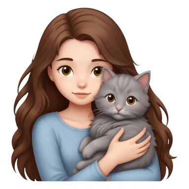 A girl with long hair tightly hugged a kitten sticker