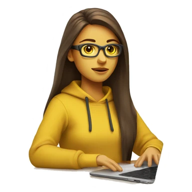 female coder with apple laptop in front of her, very long straight brown hair, brown eyes, facing the right side looking at the laptop, yellow sweatshirt,  glasses sticker