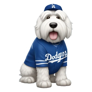 Old English Sheepdog full height wearing a Los Angeles dodgers baseball jersey sticker