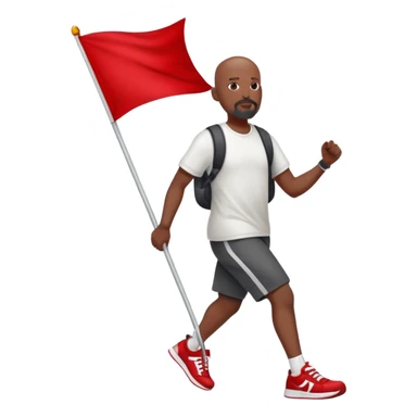 Bald black man with a white goatee in sneakers carrying a red flag sticker