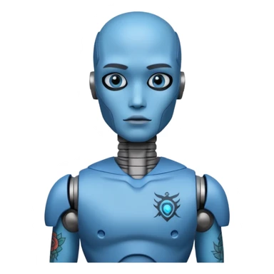 blue Tatooed robot, big many tatooes on chest, neck and face, tatoo on face sticker