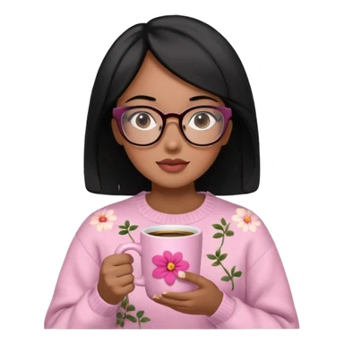 Chica de pelo negro ojos negros y piel morena con lentes oversize square GAFAS DE LEER BIEN GRANDES , en la mano derecha una taza de cafe en color rosa con una flor negra de diseno. Sentada mirando un drama koreano en la television.  sticker